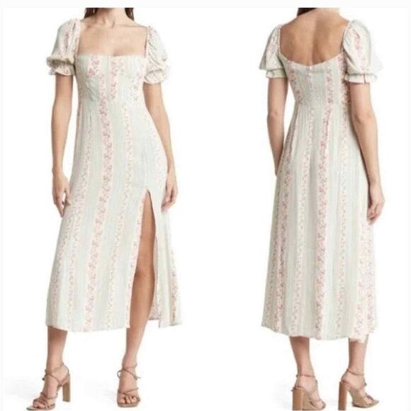 WeWoreWhat Women Sz 2 Green Victorian Floral Stripe Puff Sleeve Midi Dress - Picture 10 of 10